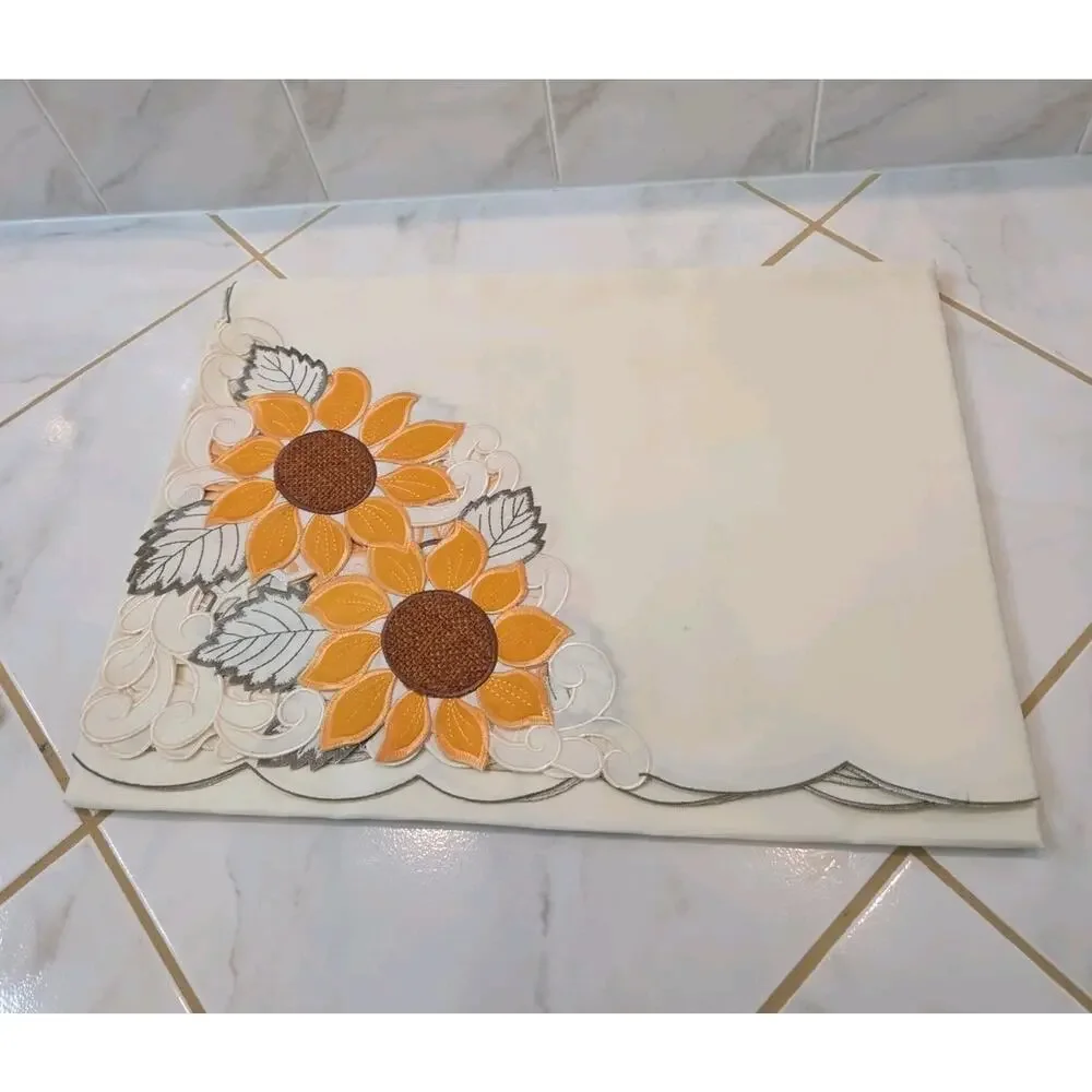 Evermaple Off-White Sunflower Embroidered Tablecloth 60x84 Rectangular Cutwork